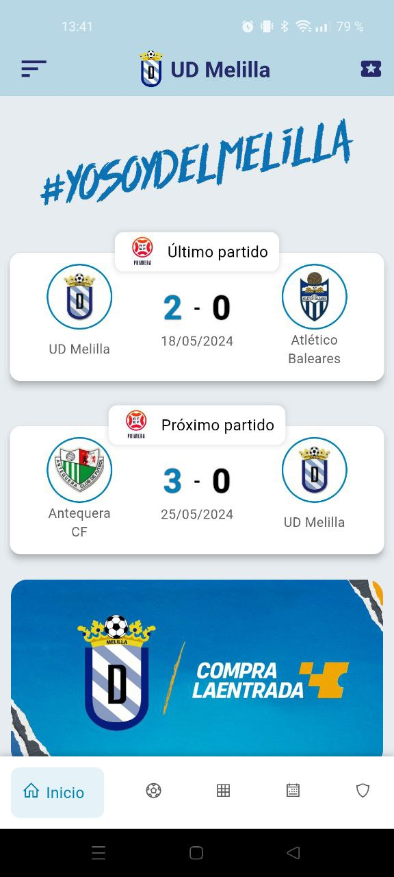 Pantalla de inicio de la app oficial de la UD Melilla.