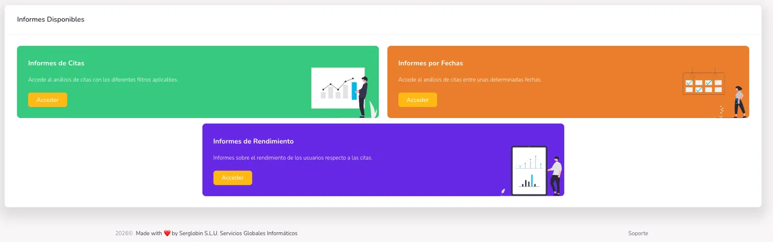 Menú con los distintos informes disponibles en la aplicación.